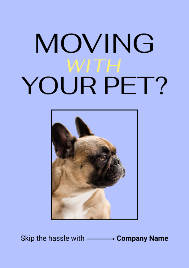 Pet Moving Guide with Cute French Bulldog In Purple Flyer A5 Modelo de Design