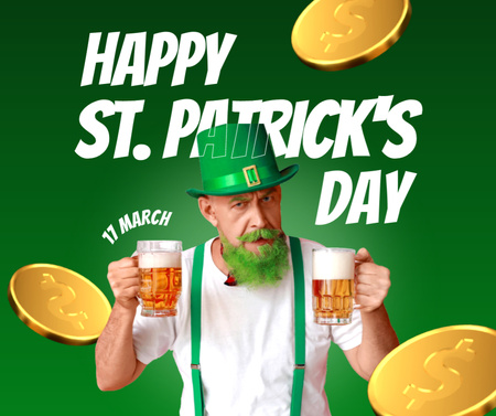 Happy St. Patrick's Day Greeting with Bearded Man Facebook Design Template