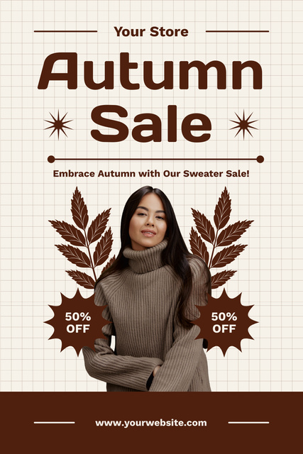 Autumn Sale with Beautiful Woman in Sweater Pinterest Design Template