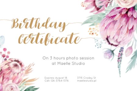Photo Session Offer with Tender Watercolor Flowers Gift Certificate Πρότυπο σχεδίασης