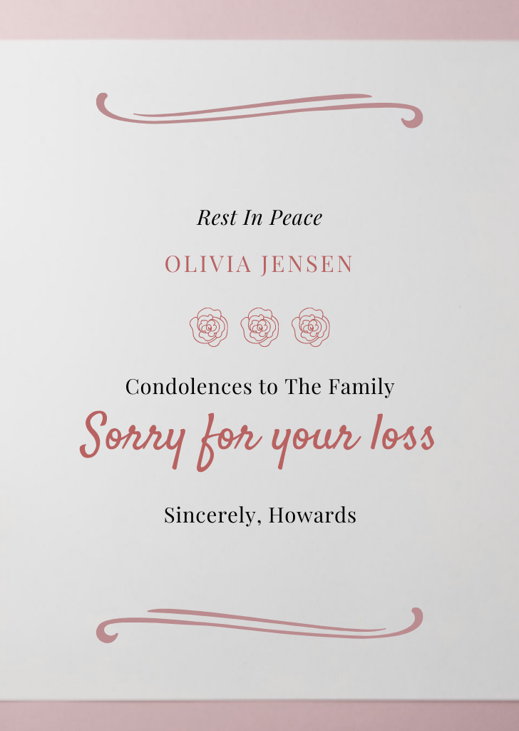 We Are Sorry for Your Loss Text on Light Pink Postcard A6 Vertical Design Template