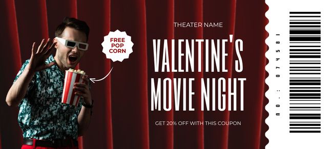 Ontwerpsjabloon van Coupon 3.75x8.25in van Valentine's Day Movie Night Discount Offer with Man