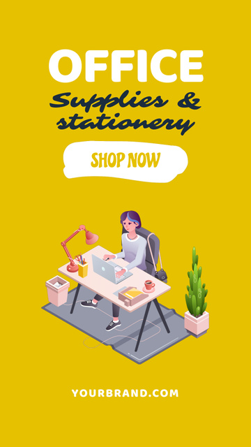 Office Supplies Store Ad with Illustration of Woman Instagram Video Story Tasarım Şablonu