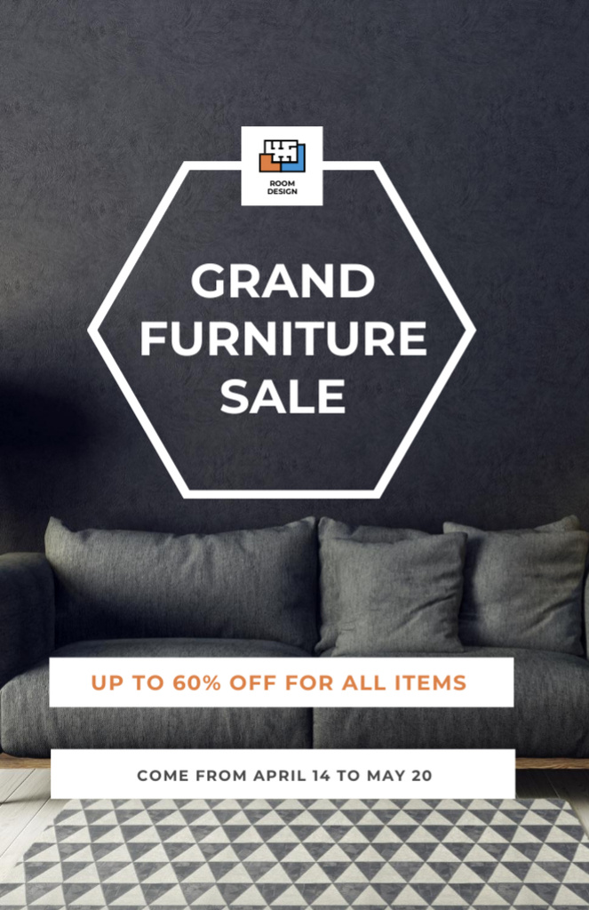 Designvorlage Grand Furniture Sale Ad with Modern Grey Sofa für Flyer 5.5x8.5in