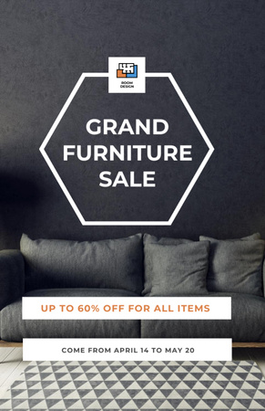 Designvorlage Grand Furniture Sale Announcement with Modern Grey Sofa für Flyer 5.5x8.5in