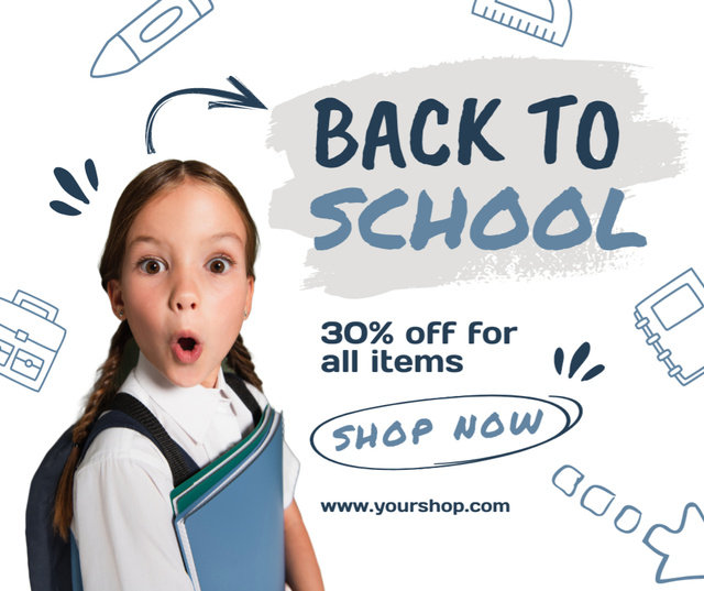 Discount on All School Items with Surprised Schoolgirl Facebookデザインテンプレート