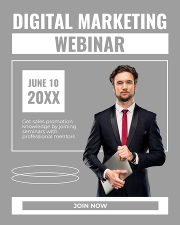 Modèle de visuel Annonce de webinaire sur le marketing numérique avec un homme d'affaires en costume noir - Instagram Post Vertical