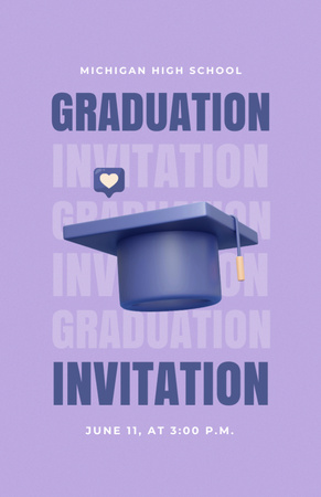 Graduation Party With Hat In Purple Invitation 5.5x8.5in Design Template
