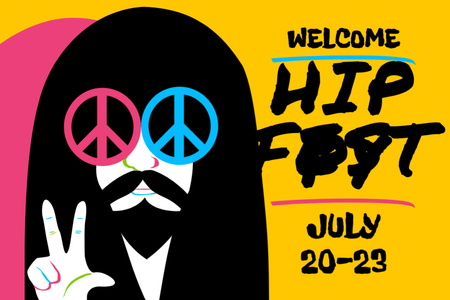 Mahtava Hippy Festival -ilmoitus keltaisella Postcard 4x6in Design Template