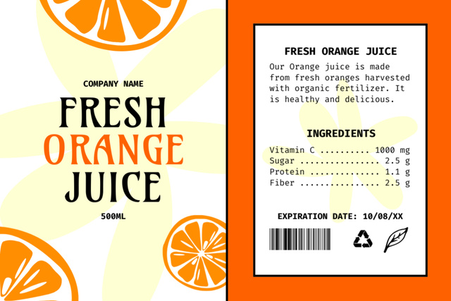 Fresh Orange Juice With Ingredients Description Label tervezősablon
