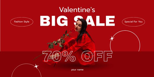 Valentine's Day Big Sale Announcement with Brunette in Red Twitter Design Template
