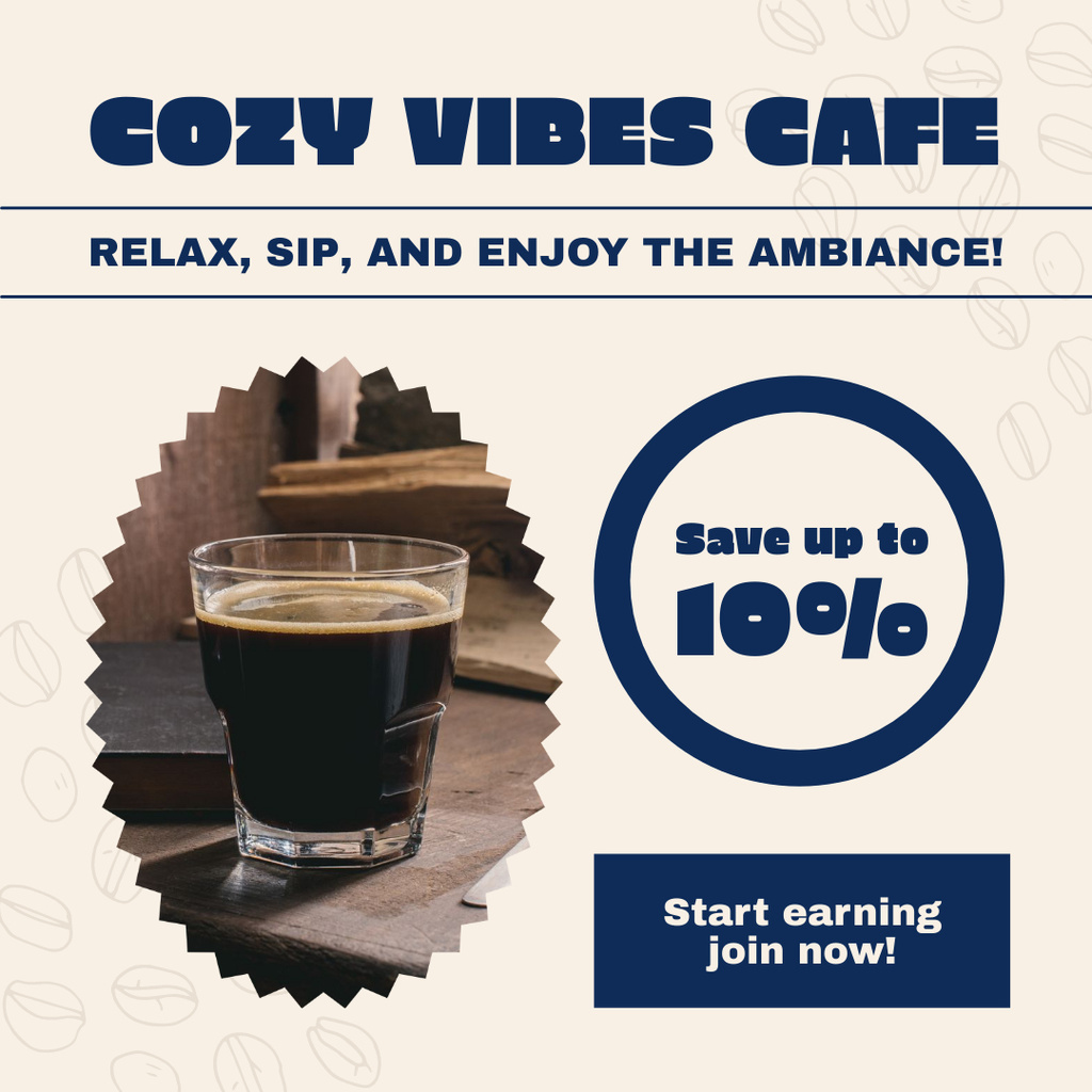 Designvorlage Cozy Vibes Cafe Offer Coffee In Glass With Discount für Instagram