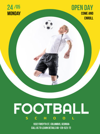 Football School Ad Boy playing with Ball Poster US Design Template
