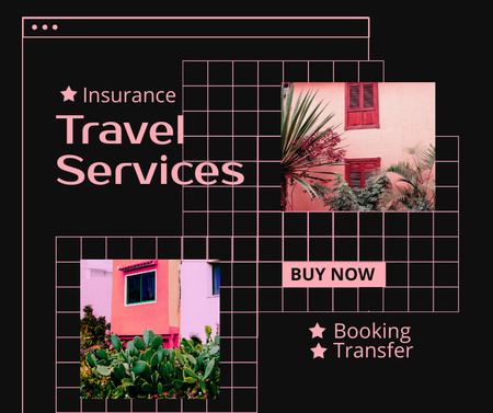 Travel Offer with Cute Pink Houses Facebook Šablona návrhu