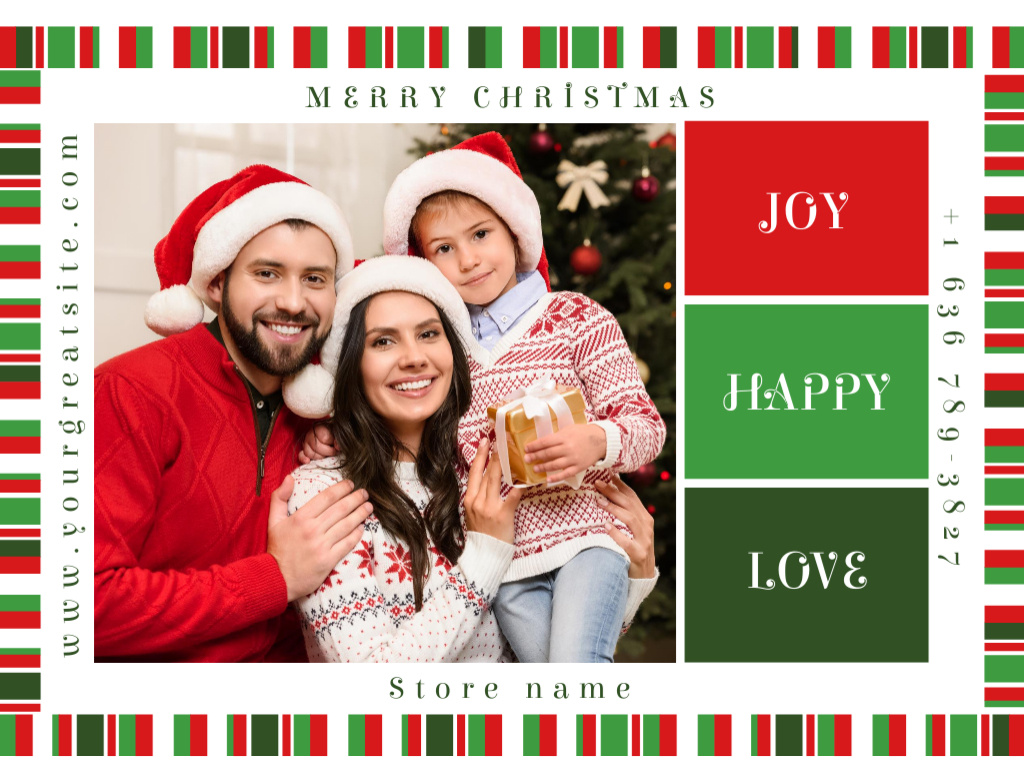 Platilla de diseño Memorable Christmas Greetings And Family With Presents Postcard 4.2x5.5in