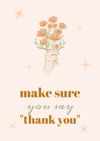 Thankful Phrase With Illustrated Hand And Bouquet Postcard A6 Vertical Design Template