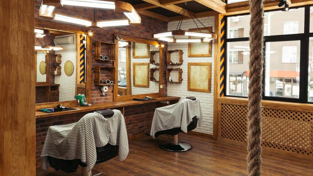 Authentic Vintage Barbershop interior Zoom Backgroundデザインテンプレート