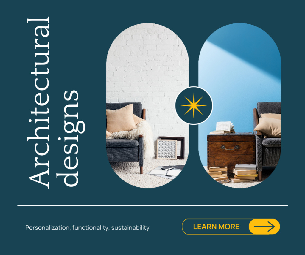 Architectural Designs Ad with Modern Home Interior Facebook Modelo de Design