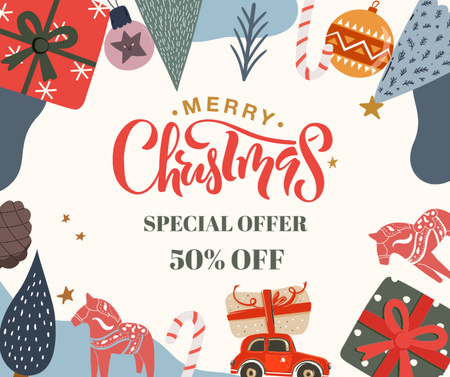 Holiday Sale Announcement with Christmas Icons Facebook Design Template