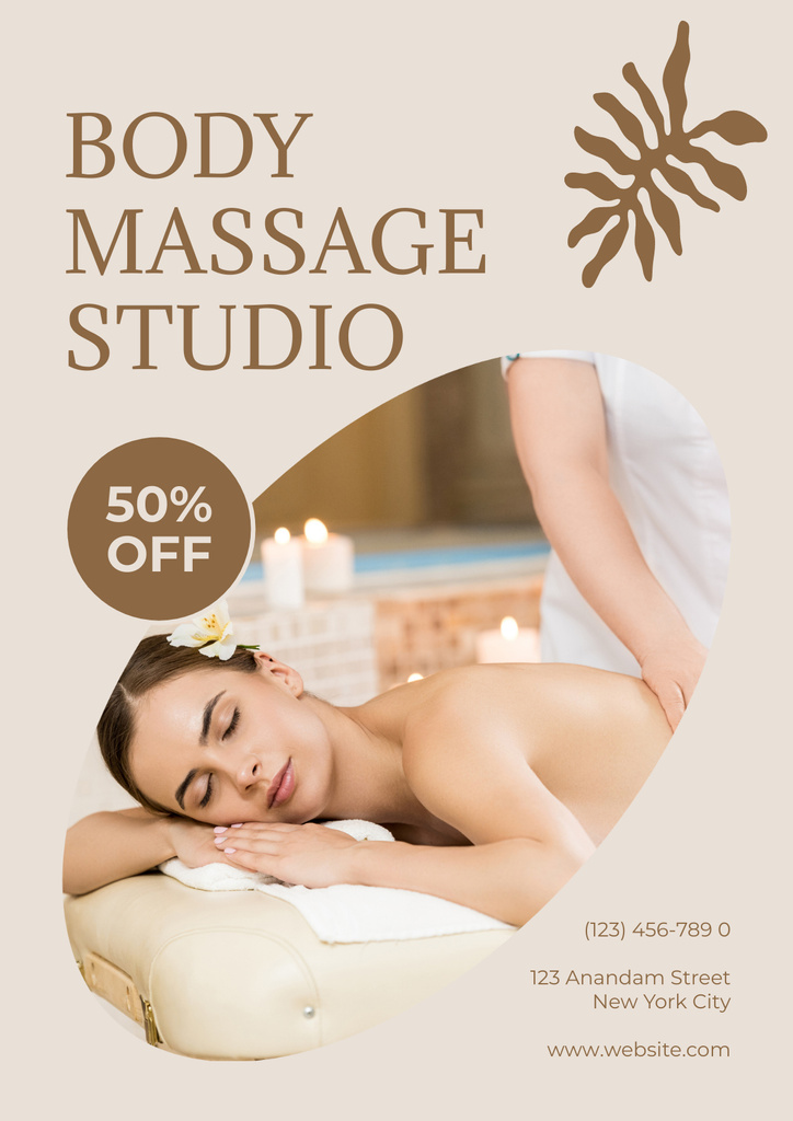 Ontwerpsjabloon van Poster van Body Massage Studio Ad with Young Beautiful Woman