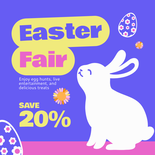 Easter Fair Promo with Cute White Bunny Illustration Animated Post Tasarım Şablonu