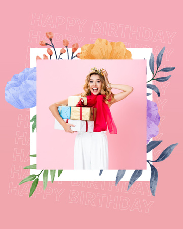 Birthday Greeting with Watercolor Flowers Instagram Post Vertical Design Template