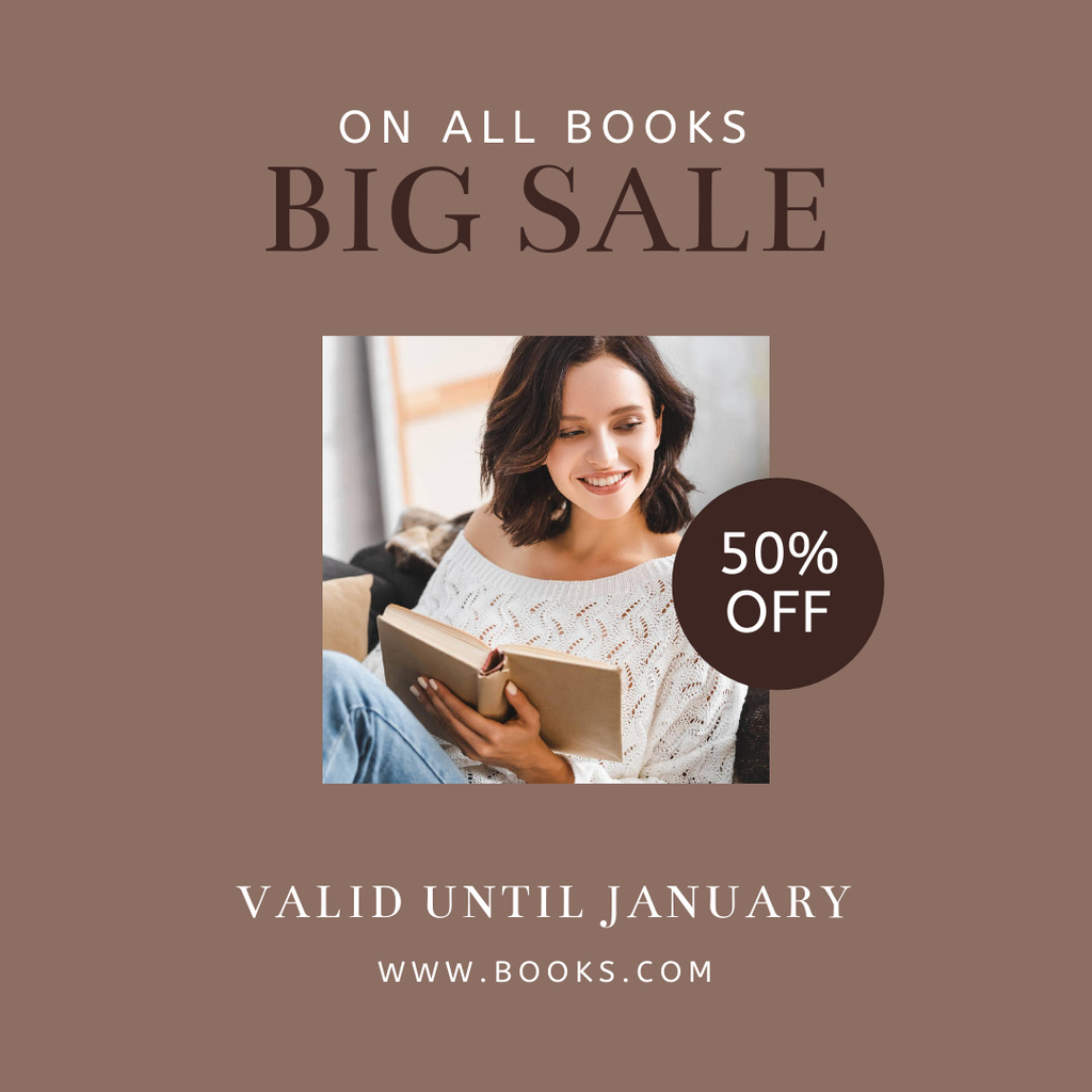 Book Sale Announcement with Woman on Beige Instagram Design Template