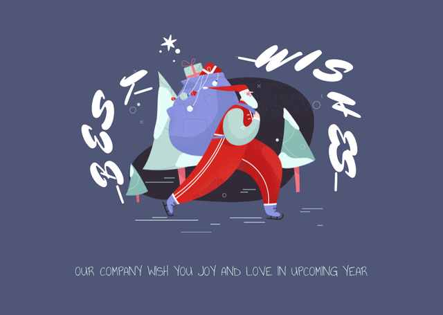 New Year Greeting Santa Skating with Presents Postcard Design Template