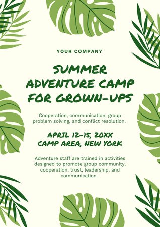 Designvorlage Sommercamp-Werbung mit tropischen Blättern für Poster