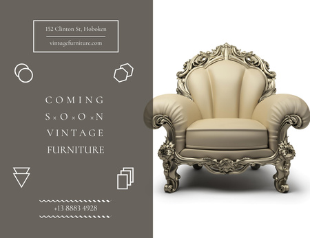 Designvorlage Eröffnung eines Vintage-Möbelgeschäfts mit schickem Sessel für Invitation 13.9x10.7cm Horizontal