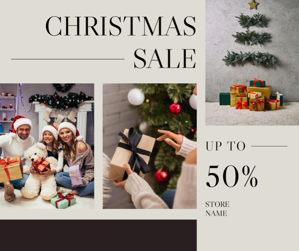 Happy Family in Santa Hats with Christmas Gifts Facebook Šablona návrhu