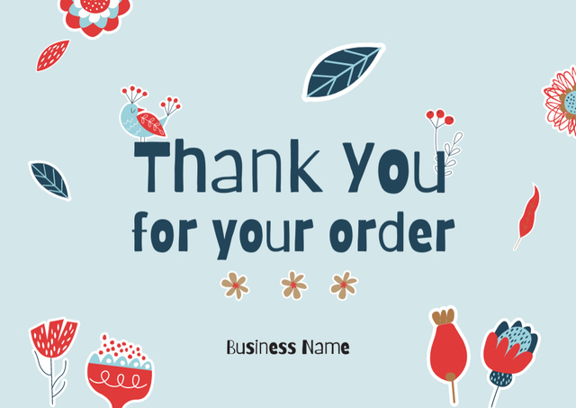 Thank You For Your Order Message with Flowers on Blue Card Modelo de Design