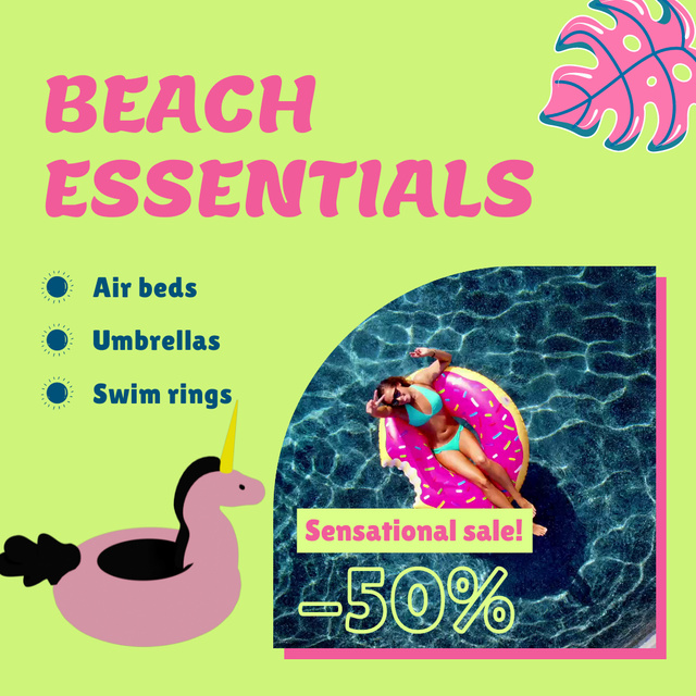 Beach Stuff And Inflatable Circles With Discount Offer Animated Post Design Template