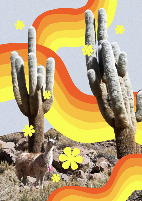 Designvorlage Funny Alpaca in Desert with Huge Cacti für Poster
