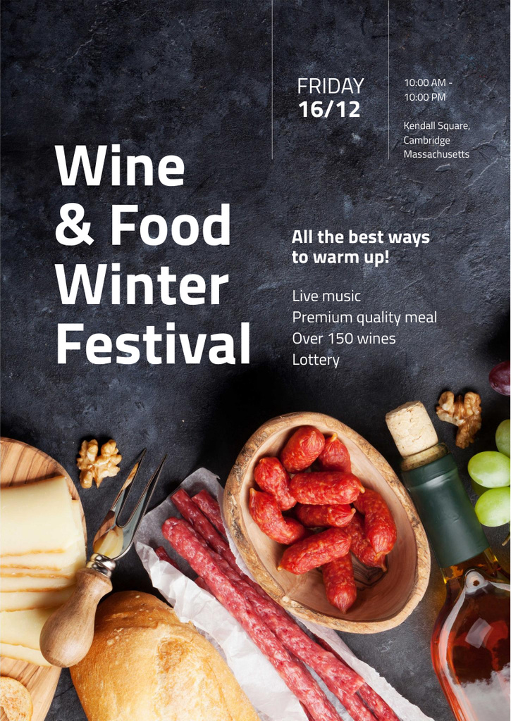 Food Festival Invitation with Wine and Snacks Poster A3 Tasarım Şablonu