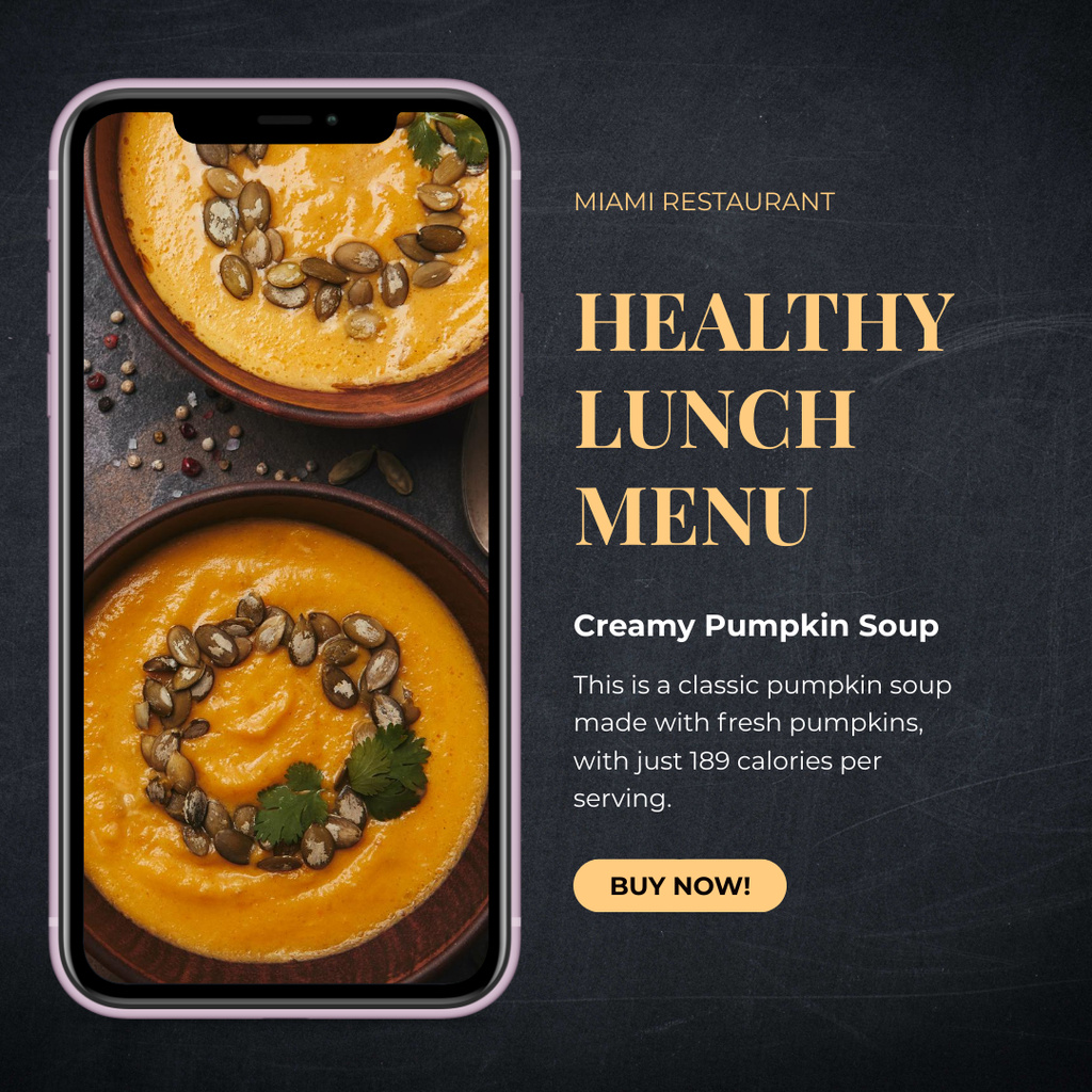 Healthy Lunch Menu Offer with Pumpkin Soup Instagram tervezősablon