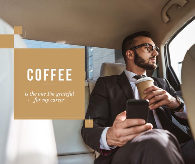 Businessman in Car with Coffee and smartphone Facebookデザインテンプレート