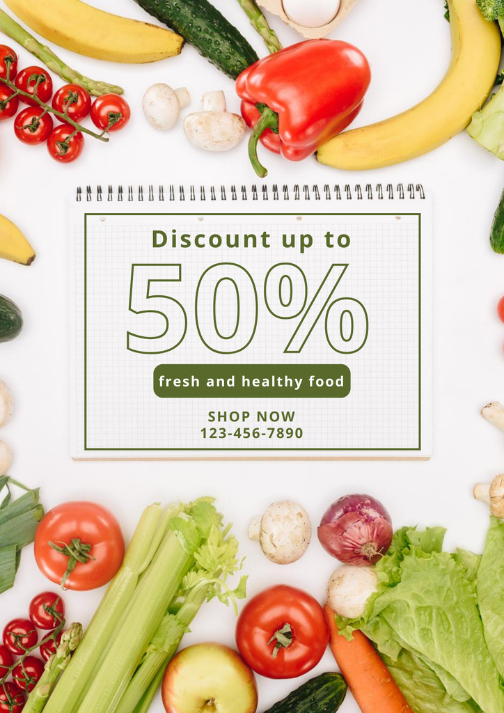 Discount For Fresh Veggies And Fruits In Grocery Poster Πρότυπο σχεδίασης