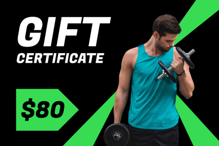 Platilla de diseño Young Man Exercising Biceps with Dumbbells Gift Certificate