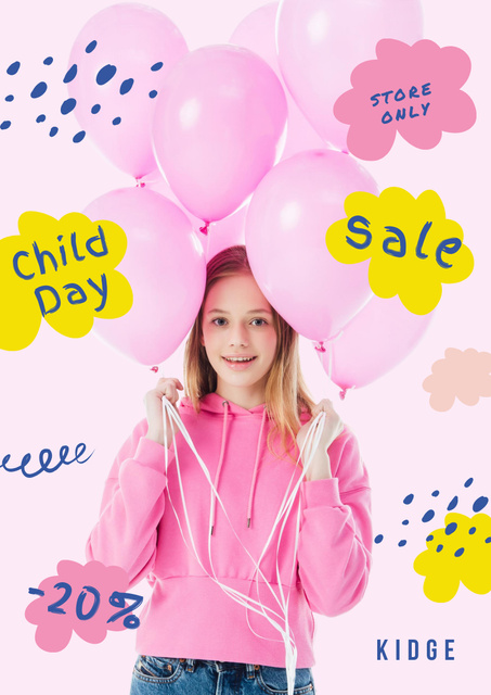 Children's Day with Cute Girl with Balloons Poster A3 Šablona návrhu