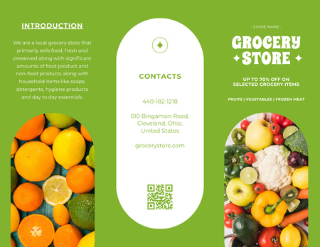 Ontwerpsjabloon van Brochure 8.5x11in van Kruideniersintroductie met aanbiedingen voor de verkoop van sinaasappelen