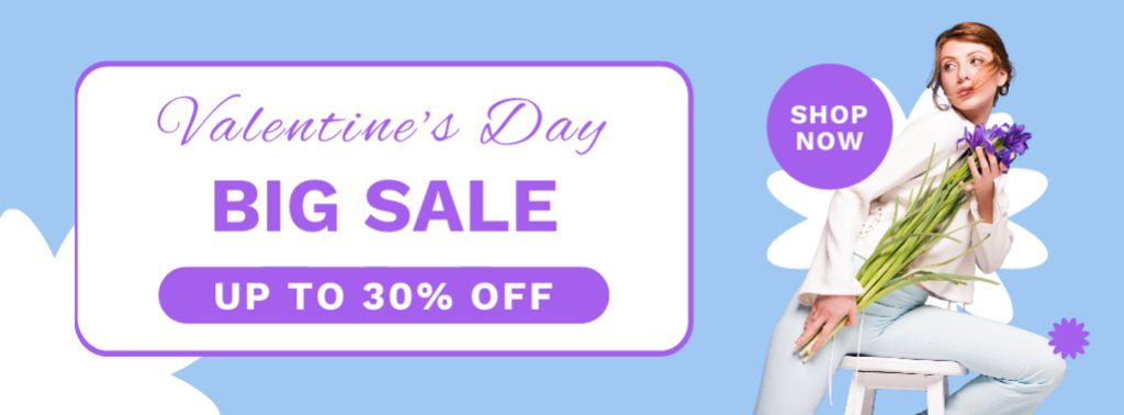 Big Sale on Valentine's Day with Beautiful Woman with Bouquet Facebook cover Design Template
