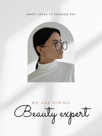 Designvorlage Stellenanzeige für einen Schönheitsexperten im Salon mit einer selbstbewussten jungen Frau für Poster US