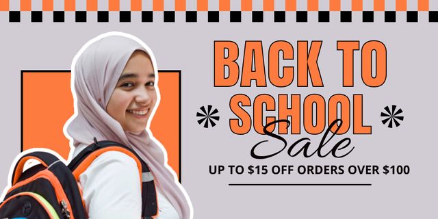 Ontwerpsjabloon van Twitter van Offer Discount on School Goods with Muslim Girl