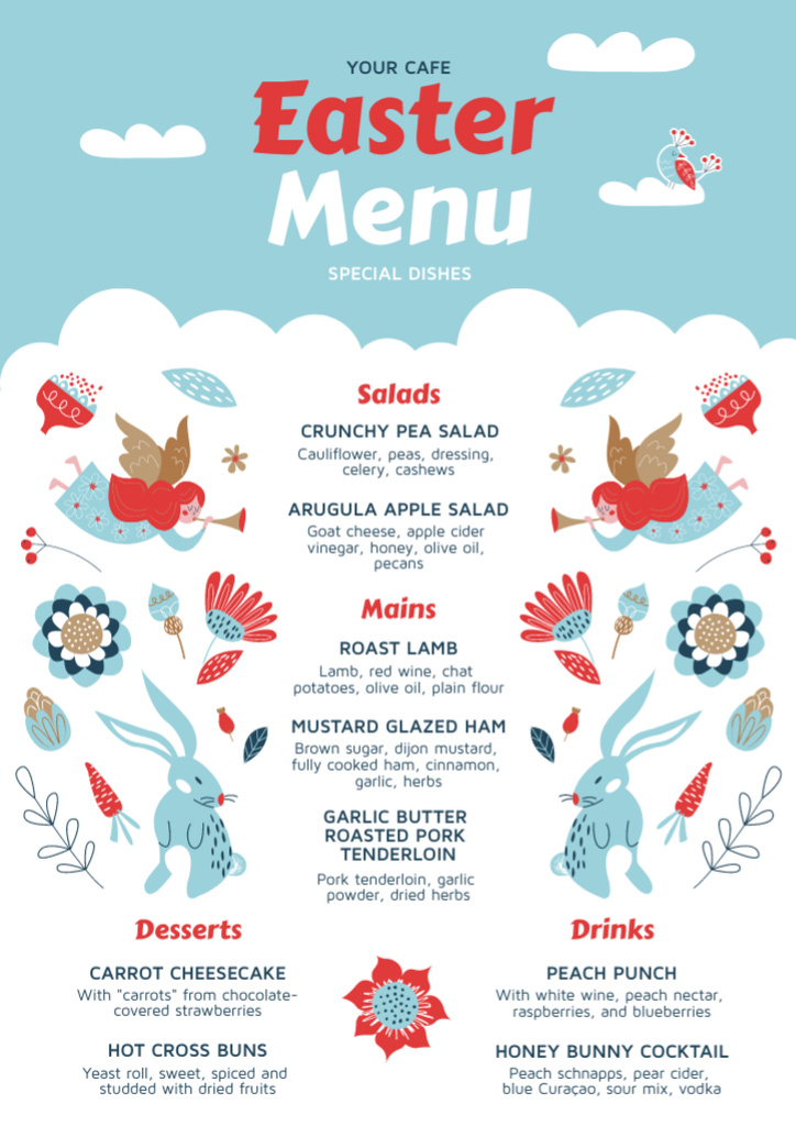 Festive Meals Offer with Illustration of Easter Angels Menu Tasarım Şablonu