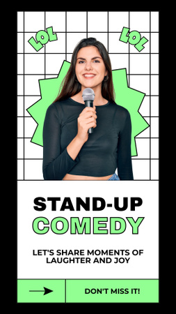 Modèle de visuel Publicité lumineuse d'un spectacle d'humour stand-up avec une interprète féminine - Instagram Story