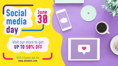 Social Media Day Sale Digital Devices on Working Table FB event cover Design Template