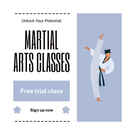 Modèle de visuel Essai gratuit d'un cours d'arts martiaux avec illustration d'un combattant - Instagram AD