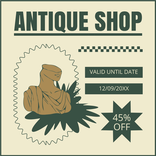 Designvorlage Antique Shop Promotion With Discounts And Sculpture für Instagram AD