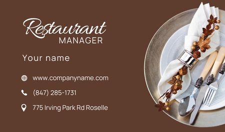 Designvorlage Restaurant Manager Services Offer with Plates and Cutlery für Business card